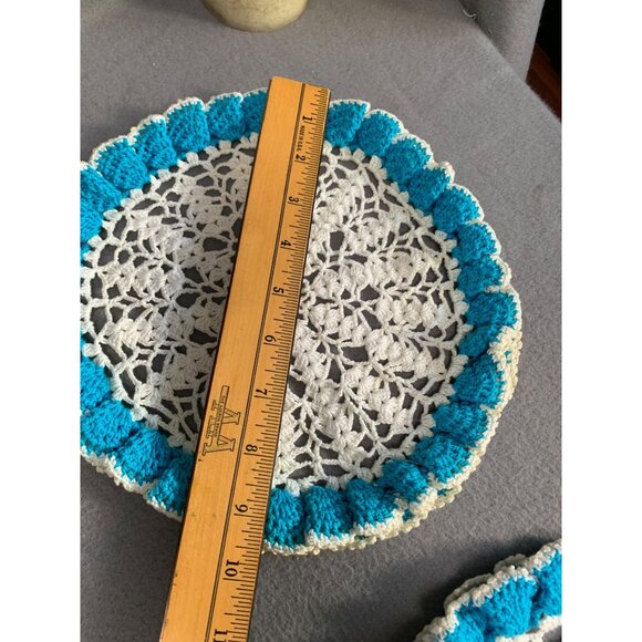 Vintage Handmade Crochet Doilies Set of 4 Blue & White Round Decorative Table Ma - Picture 11 of 13
